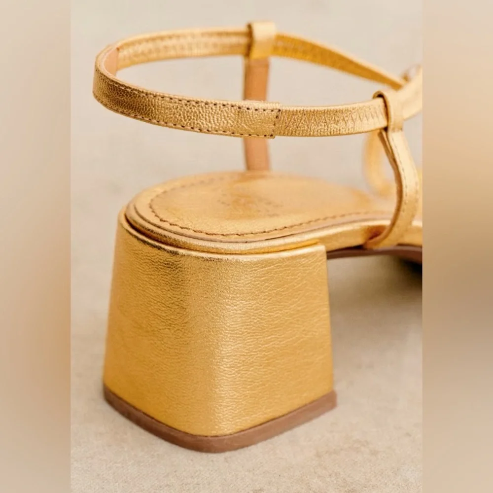 SEZANE PERNILLE SANDALS GOLD 37 6.5 Strappy Block Heel Square Toe Metallic Shoes - Picture 4 of 16